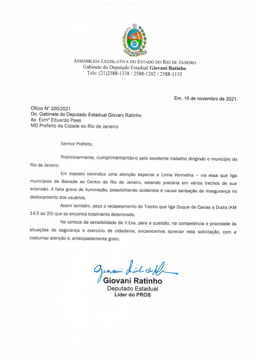 Deputado Giovani Ratinho (SD) formalizou o pedido em 2021, cobrando o recapeamento da Linha Vermelha ao órgão competente.